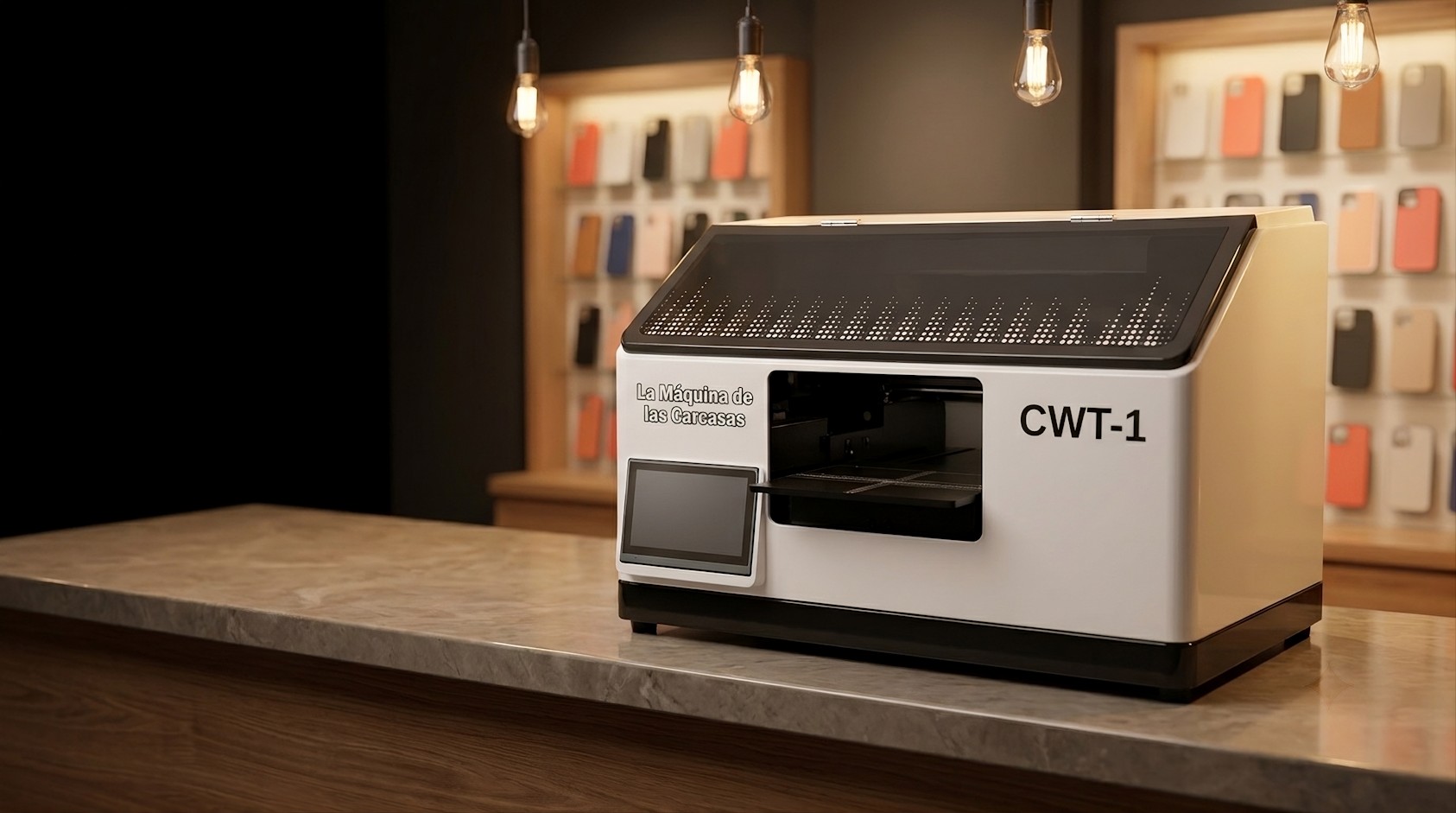 Cawow Desk CWT-1 sobre el mostrador de una tienda de fundas