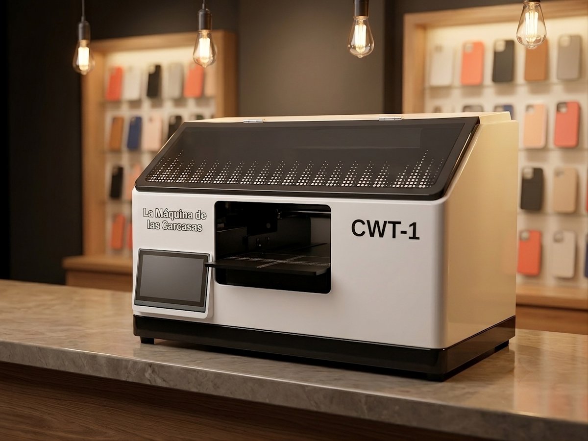 Impresora UV de sobremesa CWT-1 en el mostrador de una tienda